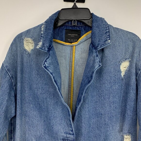 Zara Trench Coat Blue Distressed Denim Button Snap Fray Jacket - Picture 4 of 14